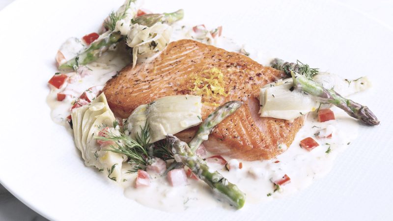 Salmon with celery sauce and spring asparagus